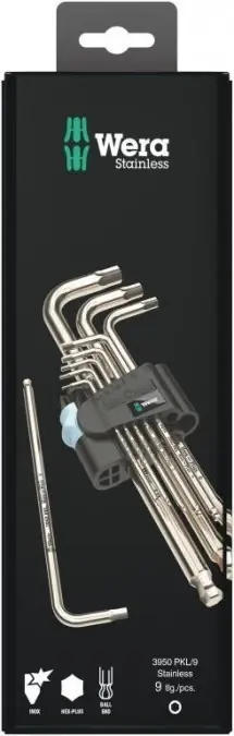 3950/9 Hex‑Plus Stainless 1 SB Zestaw kluczy trzpieniowych ze stali nierdzewnej, metrycznych, w opakowaniu z zawieszką, 9 części Nowy