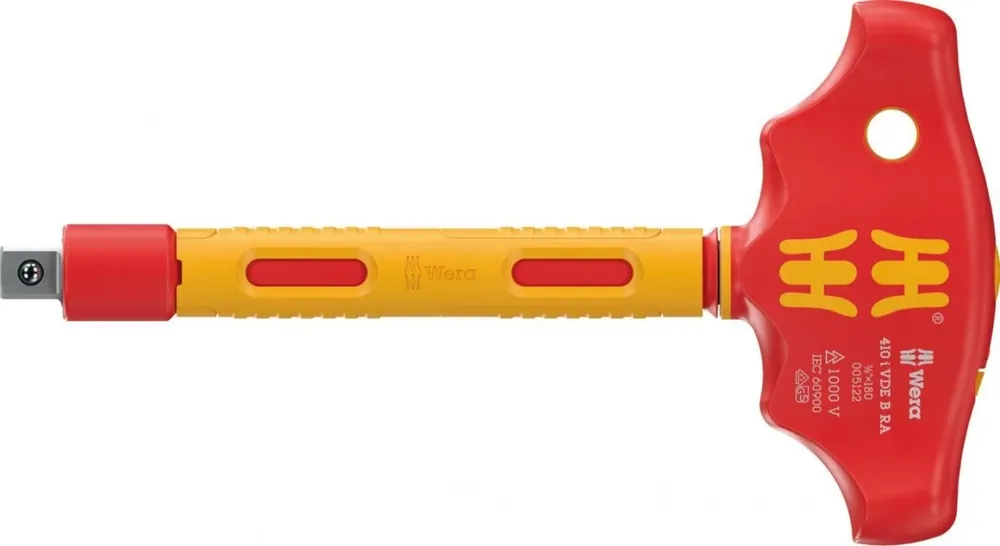 Adapter z rękojeścią poprzeczną 410 i VDE B RA izolowany VDE z funkcja grzechotki do kluczy nasadowych 3/8, 3/8 x 130 mm, WERA 0 Szybka dostawa