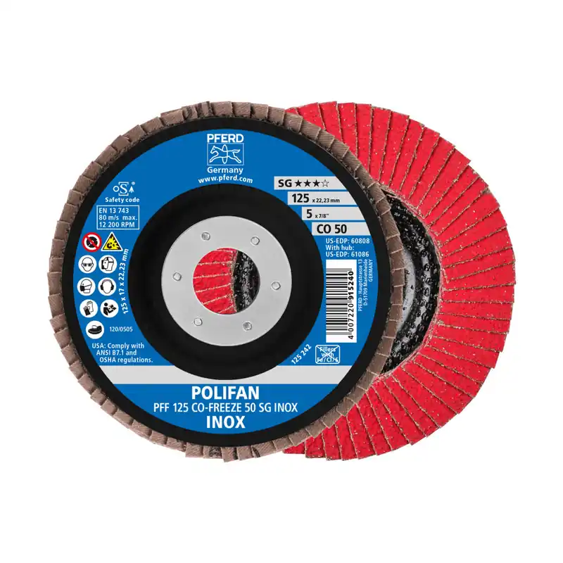 PFERD TOOLS POLIFAN flap disc PFF 125x22.23 mm flat CO-FREEZE 50 Performance Line SG INOX stainless steel Niska cena